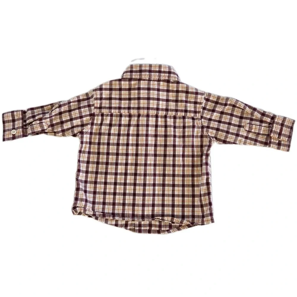 Gymboree Long Sleeve Button Down Shirt Maroon Beige Plaid Boys Size 6-12 Months